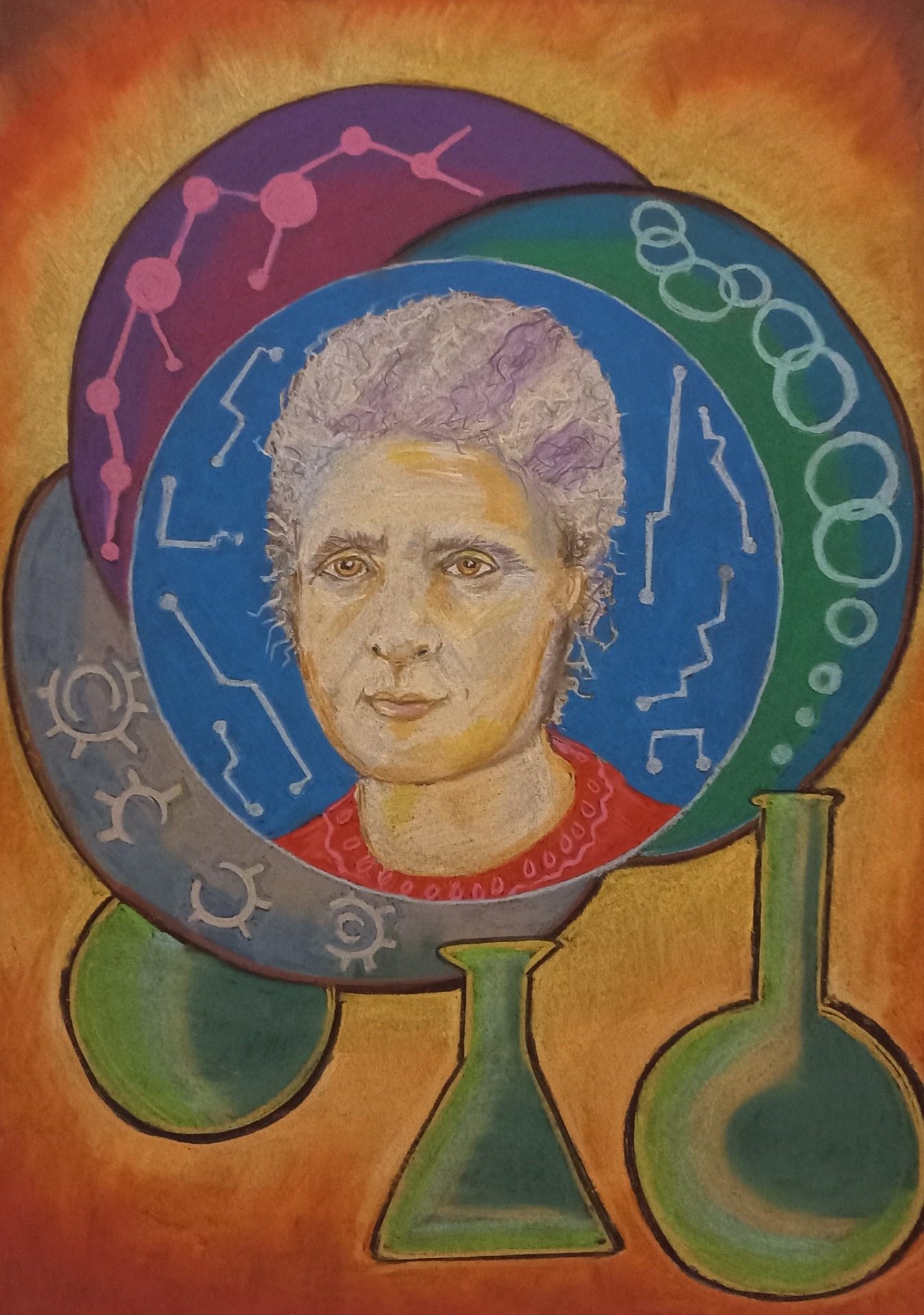 Barwna praca plastyczna przedstawiająca portret Marii Skłodowskiej-Curie w otoczeniu kolorowych atomów i kolb laboratoryjnych