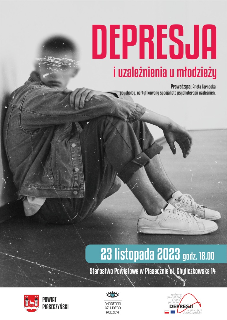 Plakat informacyjny o spotkaniu na temat depresji i uzależnień nastolatków