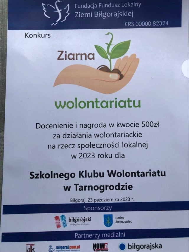 Nagroda dla SKW w Powiatowym Konkursie "Ziarna Wolontariatu". Stypendia dla 7 uczniów z naszej szkoły. - Obrazek 1