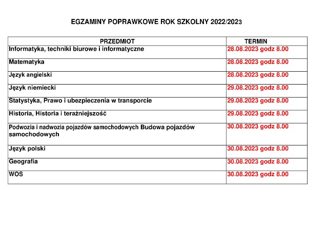 TERMINY EGZAMINÓW POPRAWKOWYCH 2022/2023 - Obrazek 1
