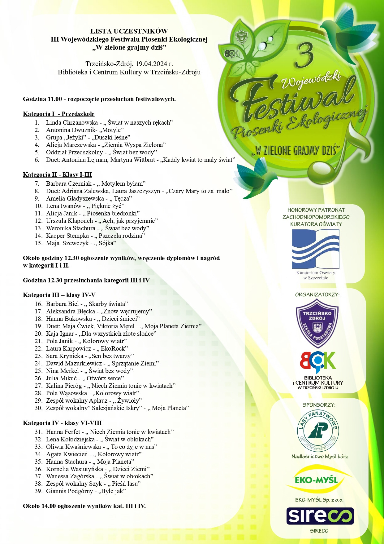 Lista uczestników III Wojewódzkiego Festiwalu Piosenki Ekologicznej „W zielone grajmy dziś”  - Obrazek 1