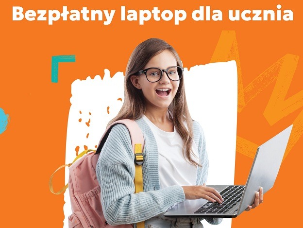 Na pomarańczowym tle roześmiana dziewczyna trzymająca przed sobą otwarty laptop. Nad nią napis: Bezpłatny laptop dla ucznia. Obrazek pełni funkcję linku graficznego do informacji o programie.