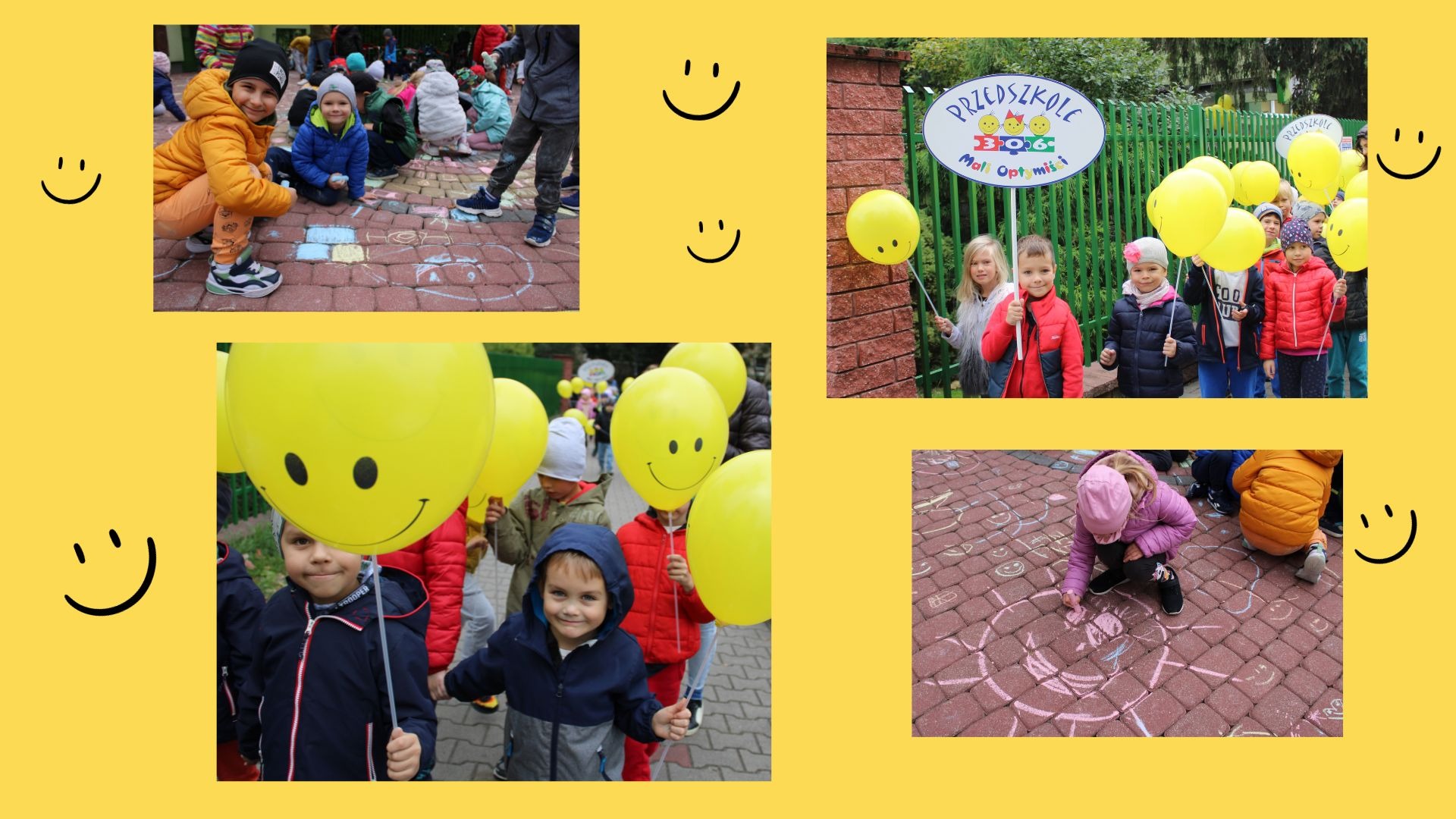 Zdjęcie przedstawia dzieci  świętujące Dzień Uśmiechu. Przedszkolaki wzięły udział w wesołej paradzie niosąc żółte balony z namalowanymi kolorowymi buźkami oraz ozdabiały przedszkolny placyk kolorowymi malunkami. 