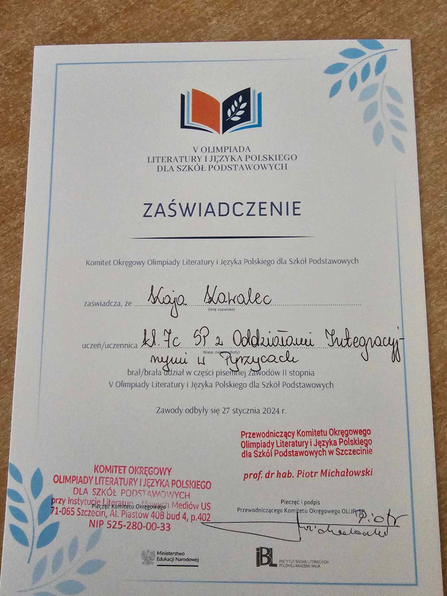 Zaświadczenie o udziale w Olimpiadzie Literatury i Języka Polskiego dla Kai Kawalec.