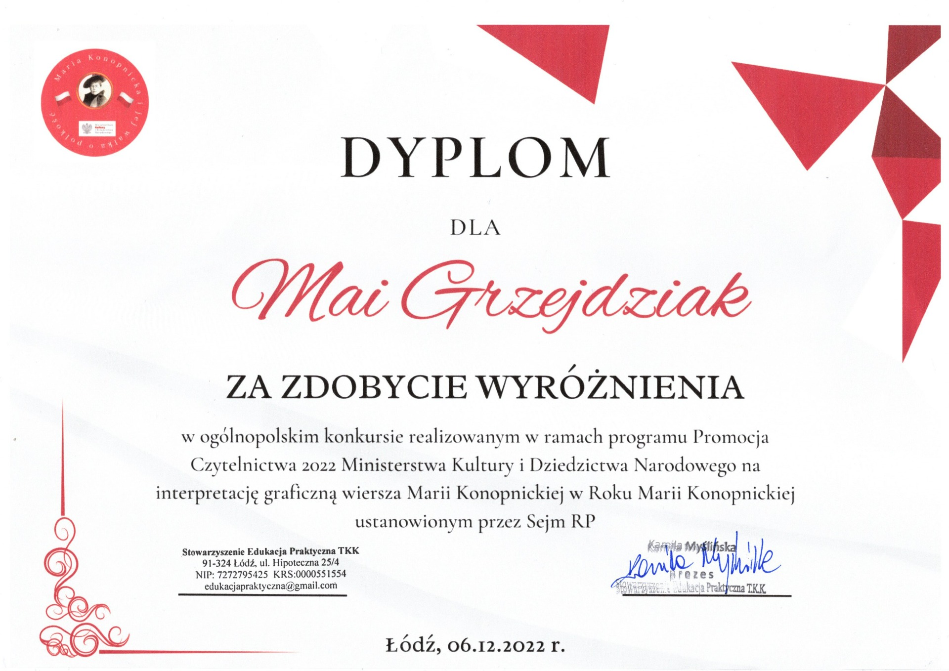 Dyplom dla Mai Grzejdziak za zdobycie wyróżnienia