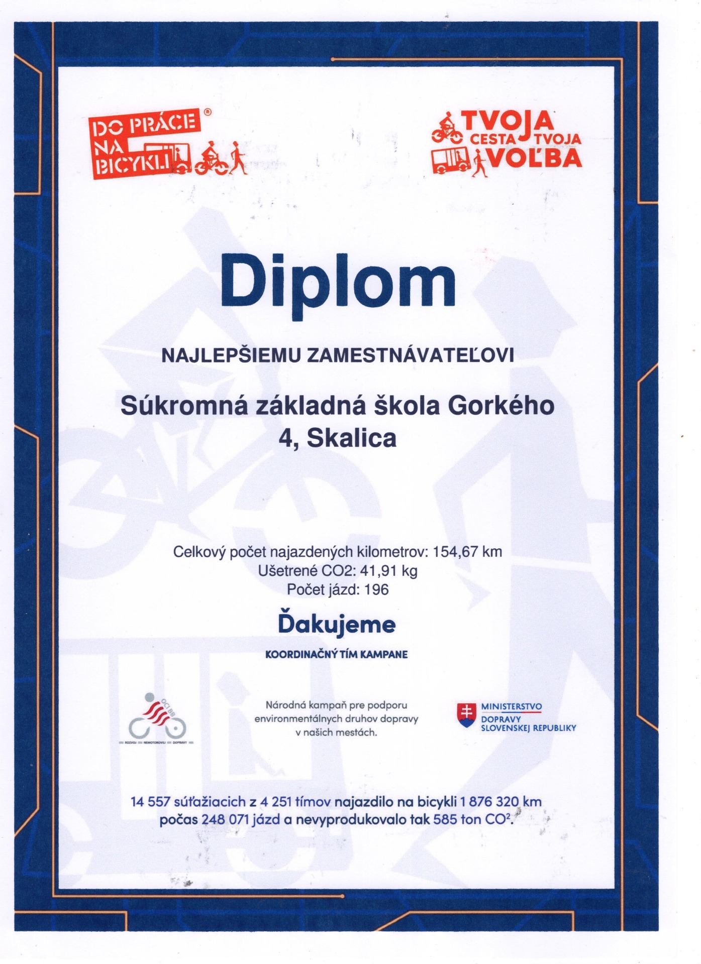 Škola v rámci kampane „Do práce na bicykli“ ocenená aj pani primátorkou mesta Skalica - Obrázok 1