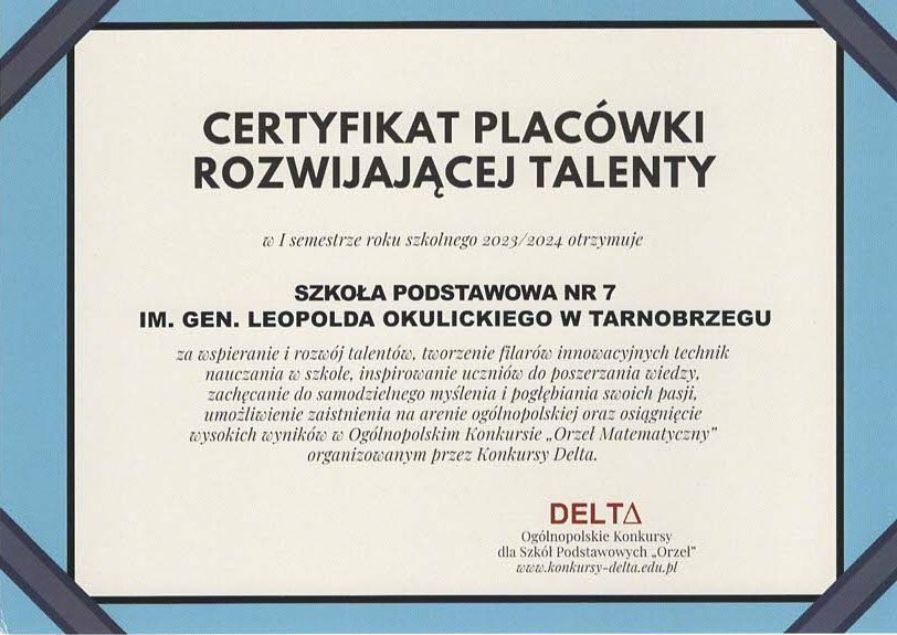 Certyfikat placówki rozwijającej talenty.