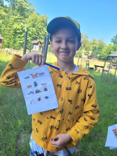 Dziecko prezentuje kartę pracy z owadami