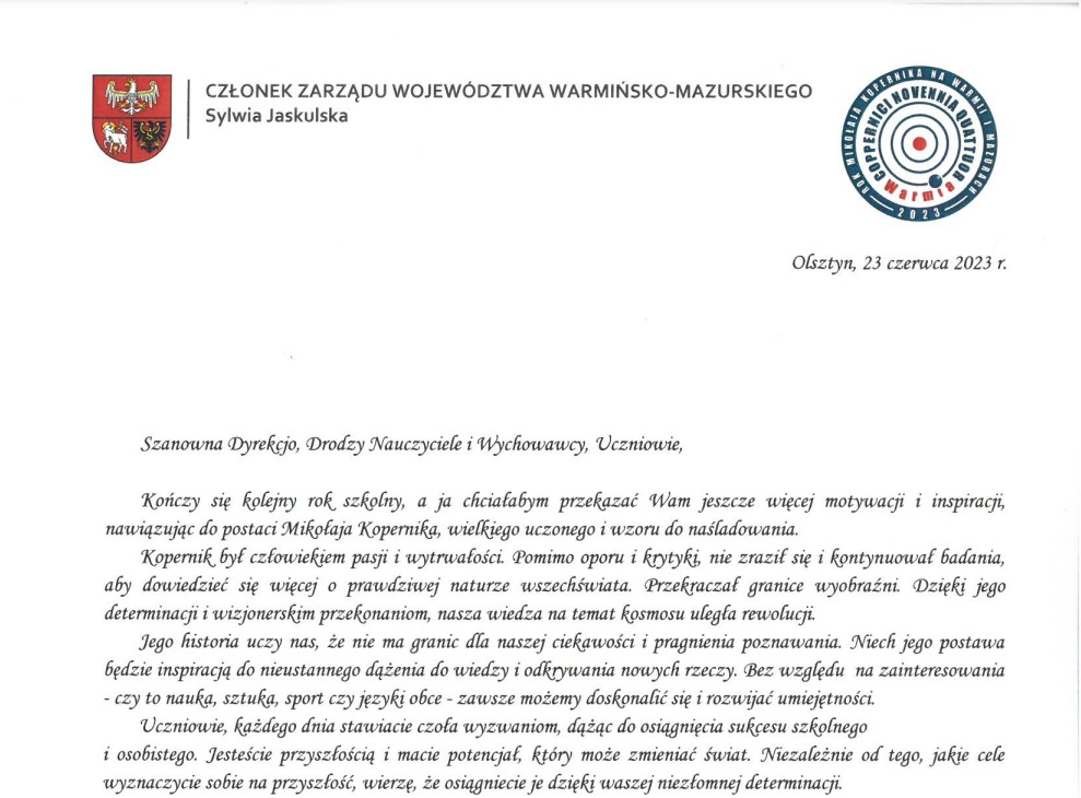 List Urzędu Marszałkowskiego Województwa Warmińsko-Mazurskiego 2023
