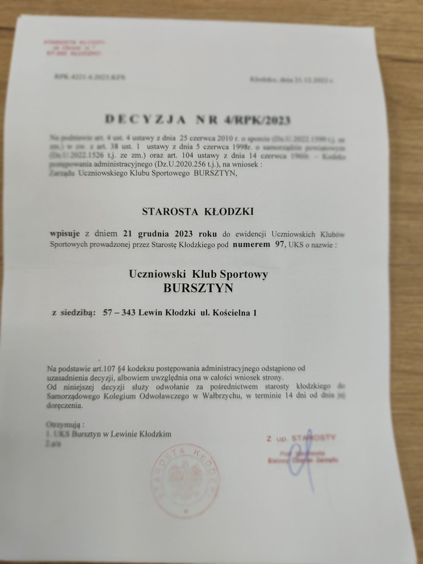 Rejestracja Uczniowskiego Klubu Sportowego w Starostwie Powiatowym w Kłodzku - Obrazek 2